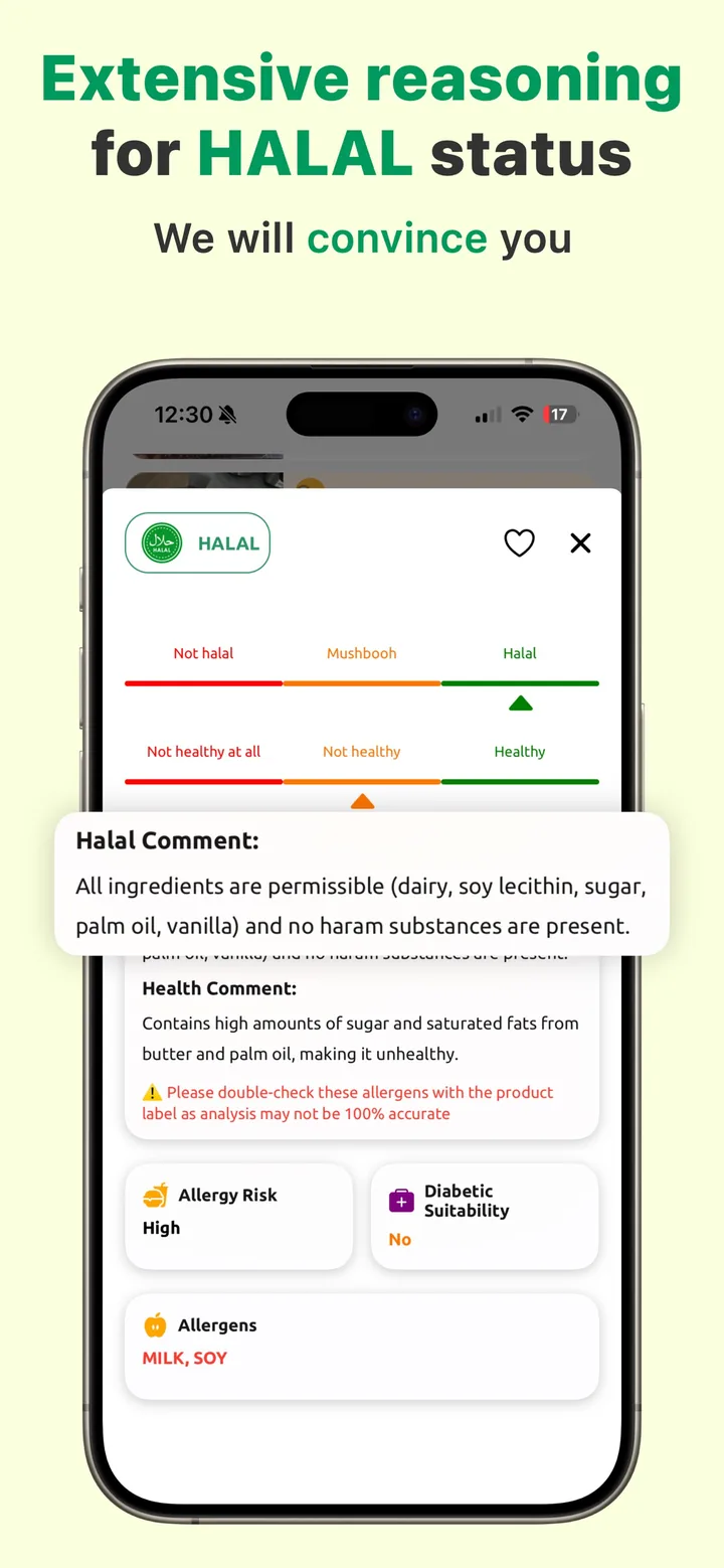 A HALAL verdict in Halal Scanner with the full reasoning: every ingredient explained, plus a health comment