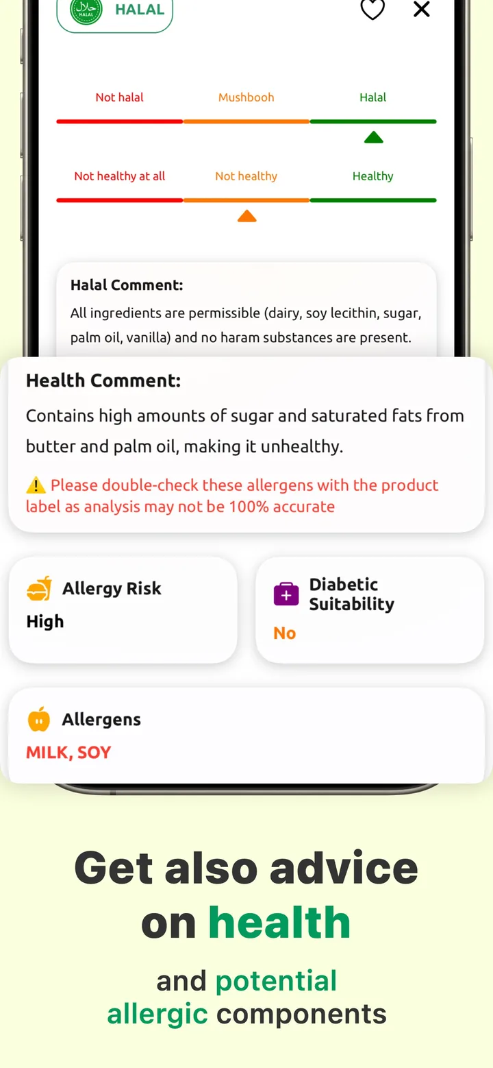 Health advice alongside the halal verdict — allergy risk, diabetic suitability, and the allergens found in the product