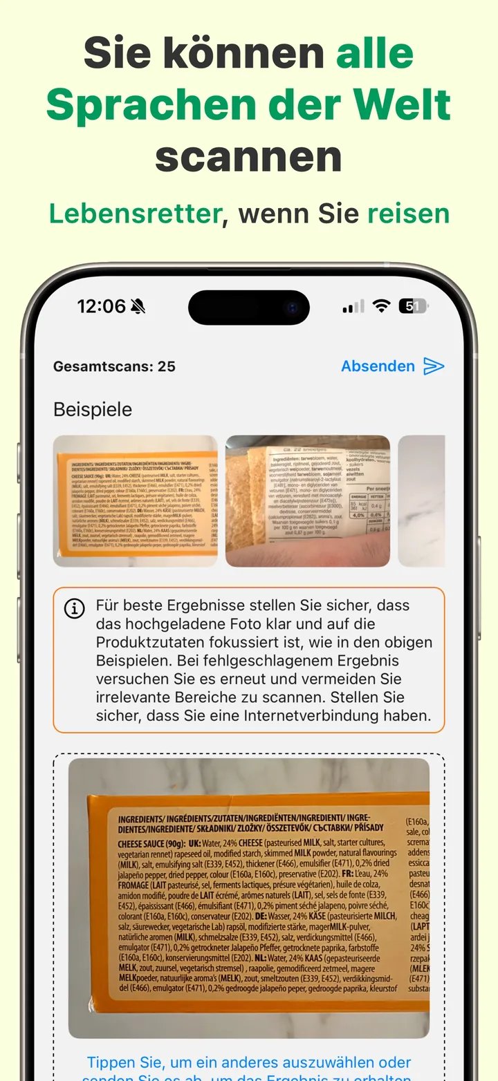 Die Zutatenliste eines Produkts wird mit Halal Scanner fotografiert — die App liest Etiketten in jeder Sprache