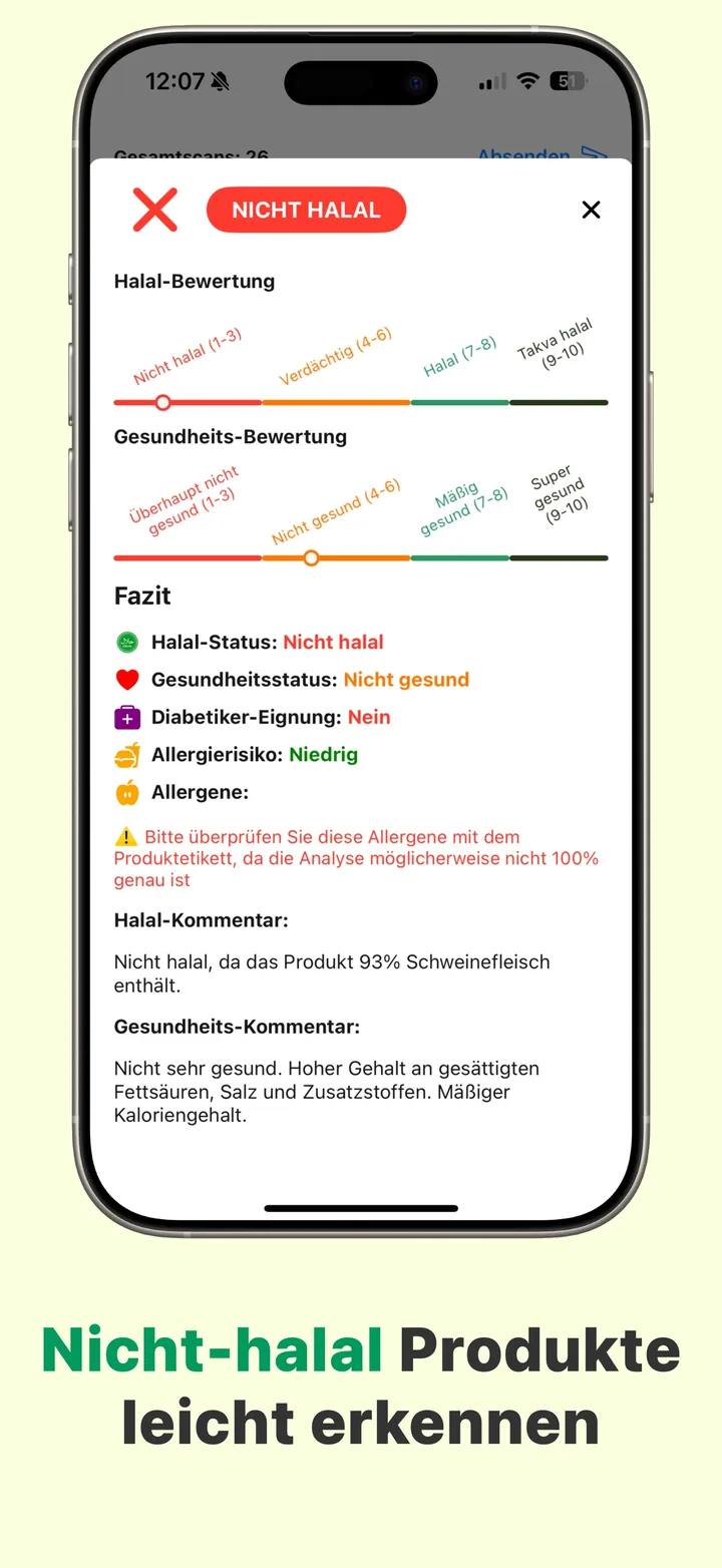 Ein NICHT-HALAL-Urteil in Halal Scanner, das die haram Zutat benennt, die dazu geführt hat