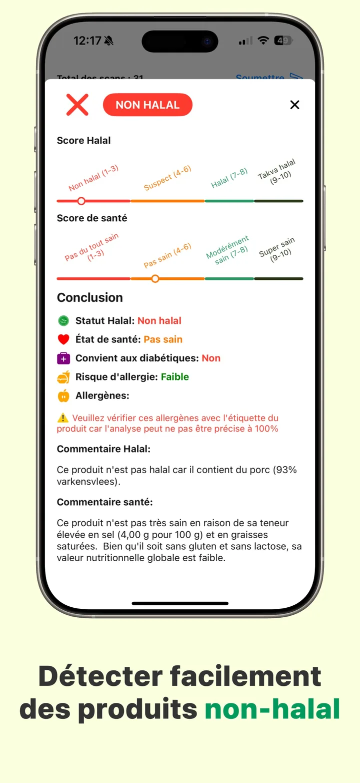 Un verdict NON HALAL dans Halal Scanner, nommant l'ingrédient haram qui l'a provoqué