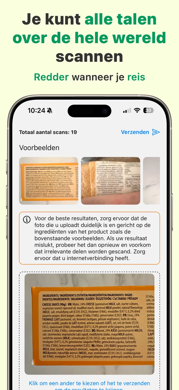 De ingrediëntenlijst van een product wordt gefotografeerd met Halal Scanner — de app leest etiketten in elke taal