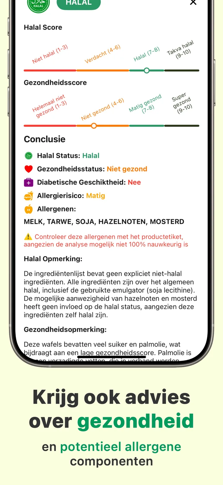 Gezondheidsadvies naast het halal-oordeel — allergierisico, geschiktheid voor diabetici en de allergenen in het product