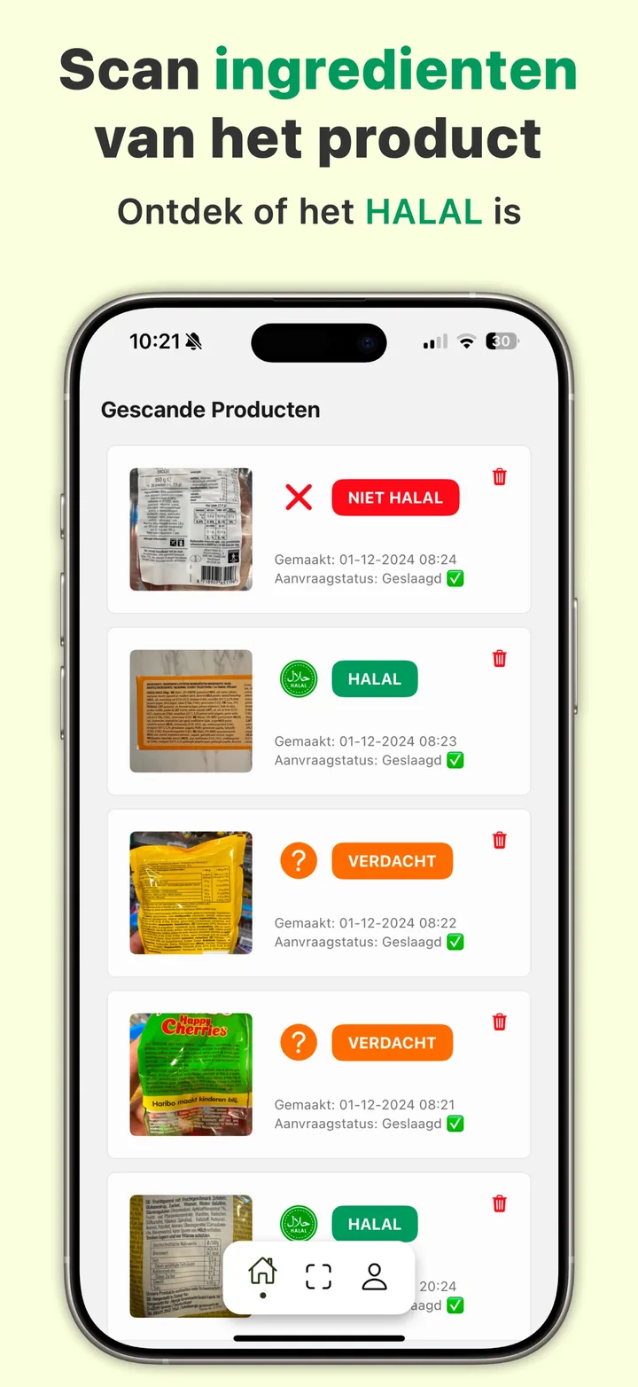 Scangeschiedenis in Halal Scanner, gefilterd op halal, twijfelachtig en niet-halal producten