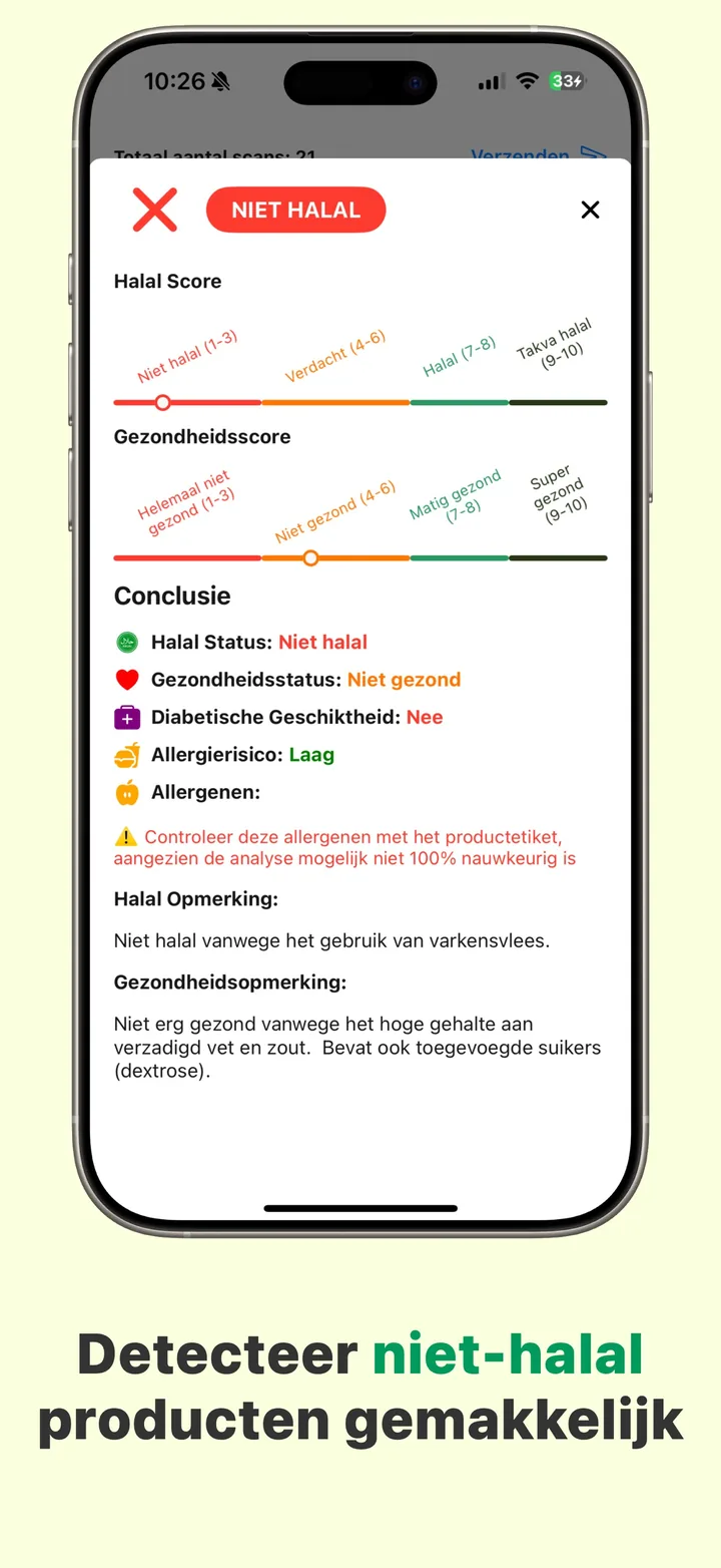 Een NIET HALAL-oordeel in Halal Scanner, met het haram ingrediënt dat dit veroorzaakte bij naam genoemd