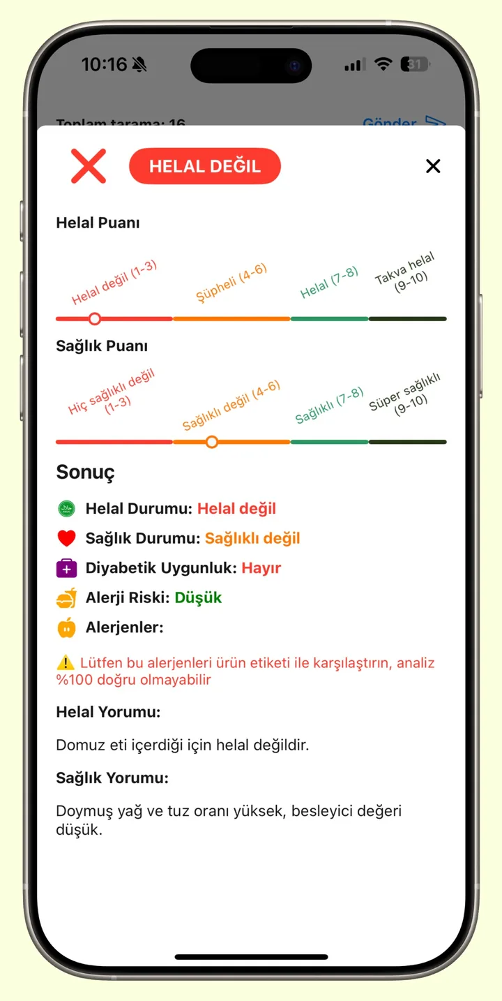 Halal Scanner'da bir tarama sonucu: HELAL DEĞİL kararı, helal ve sağlık ölçekleri, kararın gerekçesi, alerji riski, diyabetik uygunluk ve alerjenler