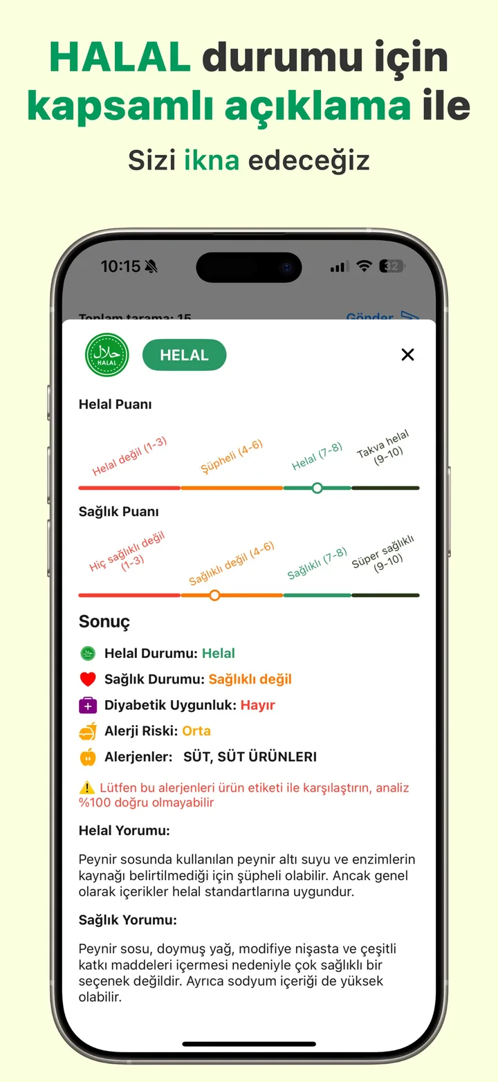Halal Scanner'da tam gerekçeli bir HELAL kararı: her bileşen açıklanmış, ayrıca bir sağlık yorumu