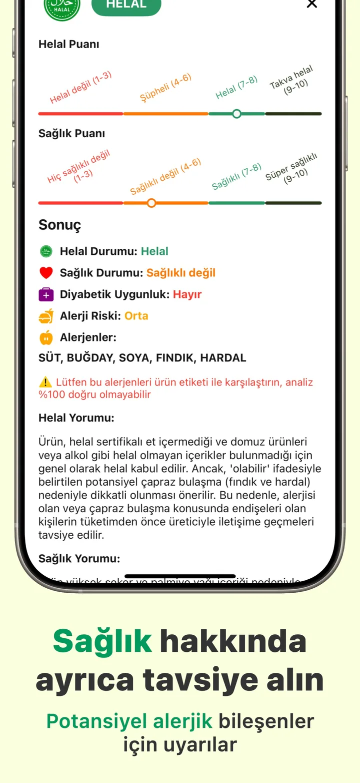 Helal kararının yanında sağlık tavsiyesi — alerji riski, diyabetik uygunluk ve üründe bulunan alerjenler
